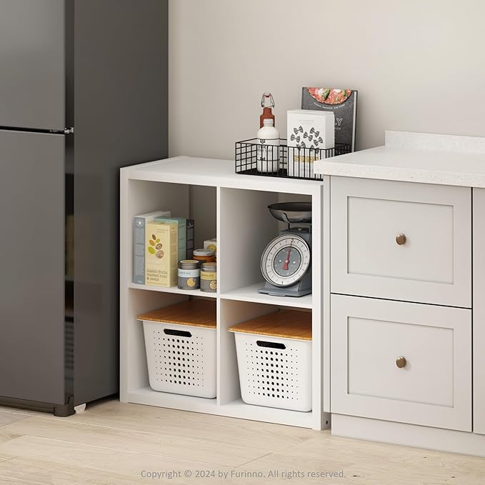 Furinno HERMITE Kitchen Island, 4-Cube Coffee Bar, Extra Thick Kitchen Storage, Bakers Rack, for Pantry Organizers and Storage, Kitchen Organization, White