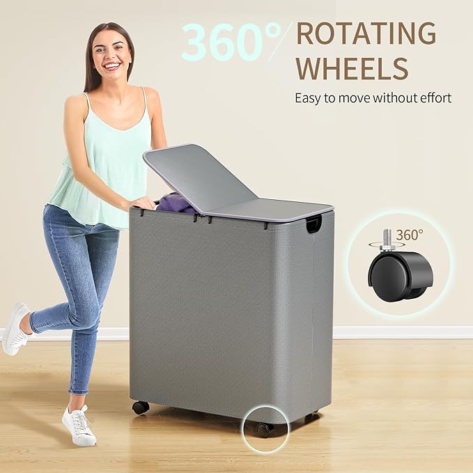 Yecaye 150L Laundry Hamper with Wheels, Rolling Laundry Basket with Lid and 2 Removable Laundry Bag, Large Capacity 2 Section Clothes Hampers for Laundry Room, Bedroom, Bathroom, Dorm, Grey