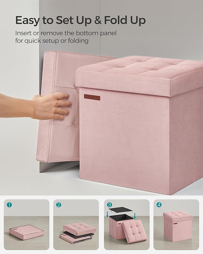 SONGMICS Small Storage Ottoman, Folding Ottoman Cube, 15 x 15 x 15 Inches, Footstool, Footrest, 11 Gal. (43 L), Velvet Surface, for Bedroom, Living Room, Dorm, Jelly Pink ULSF227R01