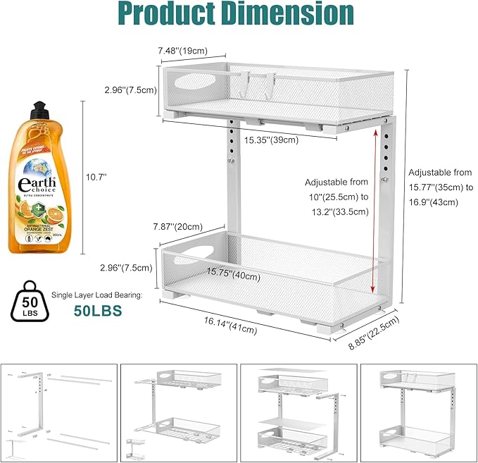Housolution Under Sink Organizer, 2 Tier Metal Pull Out Under Sink Storage with Sliding Mesh Drawers, Height Adjustable Slide Out Under Sink Organizer for Kitchen Bathroom Cabinet, 2 Pack, White