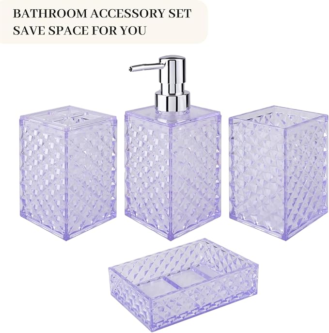 Bathroom Accessory Set, 4 Pcs Plastic Bathroom Set Include Soap Dispenser, Soap Dish, Toothbrush Holder, Mousewash Cup, Modern Bahtroom Décor Set, Space Save for Bathroom(Light Purple)
