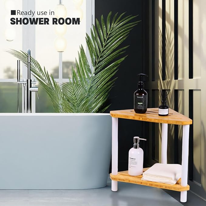 OKIIKOK Bamboo Corner Shower Stool for Inside Shower,2-Tier Waterproof Shower Bench Small Spaces,Shower Foot Rest with Storage Shelf Bath Seat White