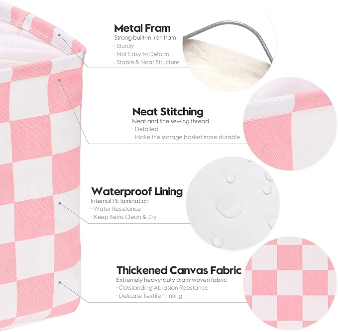 Hinwo 3-Pack Cubic Organizer Shelf Bins, Canvas Fabric Storage Baskets with Handles, 22L/5.8-Gal Square Storage Bins, Cubes, Collapsible Storage Box, 11 x 11 x 11 Inches (S, Pink Checkerboard)