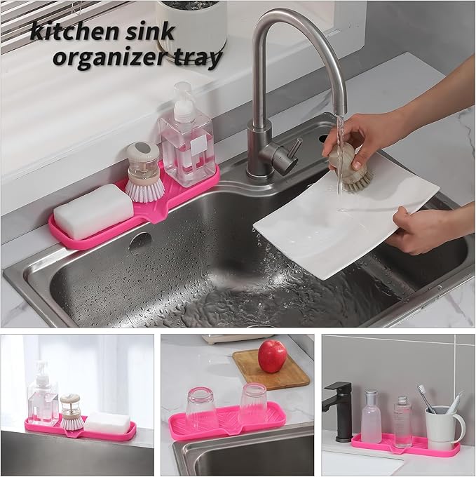 MicoYang Silicone Bathroom Soap Dishes with Drain Spout-Bathroom and Kitchen Sink Organizer,Sponge Holder,Dish Soap Tray,Perfect for Dispenser,Scrubber,Bottle,Cup on Sink or Counter-Rose 12"×4"