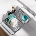 Extendable Dish Drying Rack Over Sink with Dish Drainer, Sink Organization and Storage Essentials with Silverware & Utensil Holder, Home and Apartment Decor, 12" W x 16.1~23" L, Silver