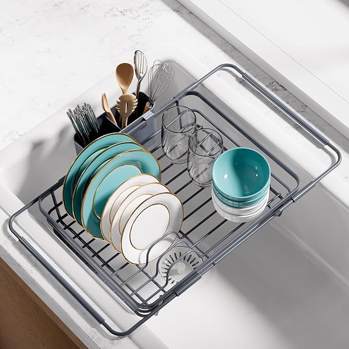 Extendable Dish Drying Rack Over Sink with Dish Drainer, Sink Organization and Storage Essentials with Silverware & Utensil Holder, Home and Apartment Decor, 12" W x 16.1~23" L, Gray