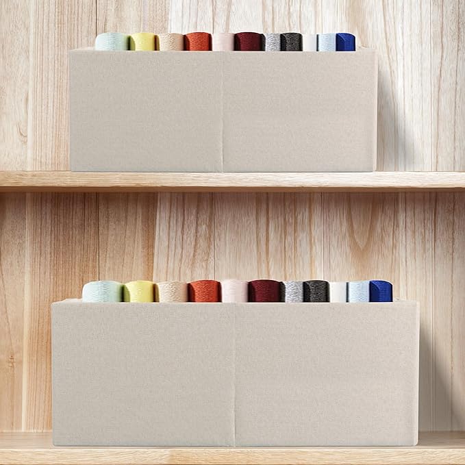 Fabric Storage Bin Box Foldable Cotton Linen Storage Basket with Wooden Handles Rectangular Cube Decorative Home Laundry Organizer Clothes Blanket Container – Beige, Medium