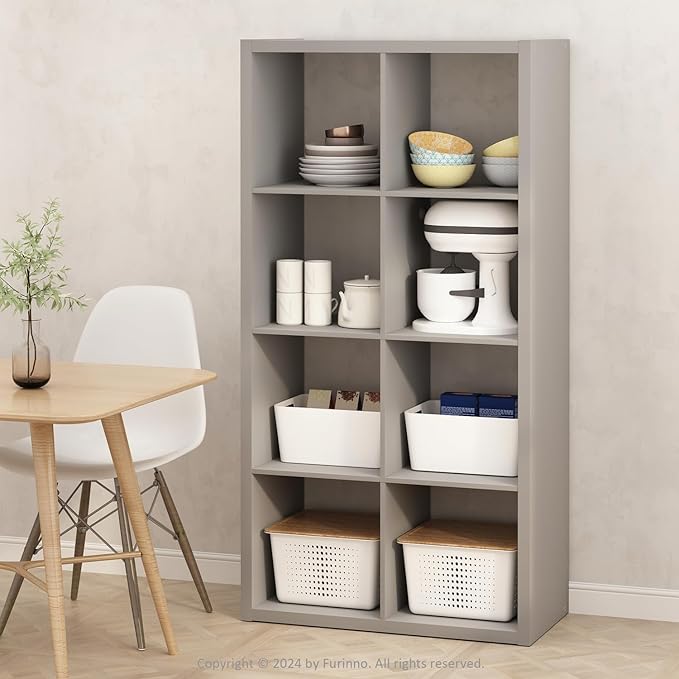 Furinno HERMITE Kitchen Island, 8-Cube Coffee Bar, Extra Thick Kitchen Storage, Bakers Rack, for Pantry Organizers and Storage, Kitchen Organization, Light Grey