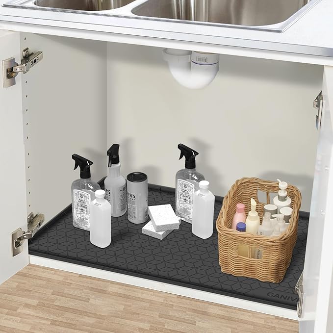 Under Sink Mat, 34" x 22" Waterproof Silicone Under Sink Tray for Kitchen & Laundry Cabinets, Kitchen Cabinet Shelf Protector, Up to 3.3 Gallons Liquid, Fits 36 inch Standard Cabinet(Grey)