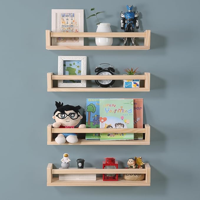 Nursery Room Shelves Set of 4, Wood Floating Book Shelves for Kids Room, Baby Book Shelf for Nursery, Kitchen Spice Rack (Natural Wood)