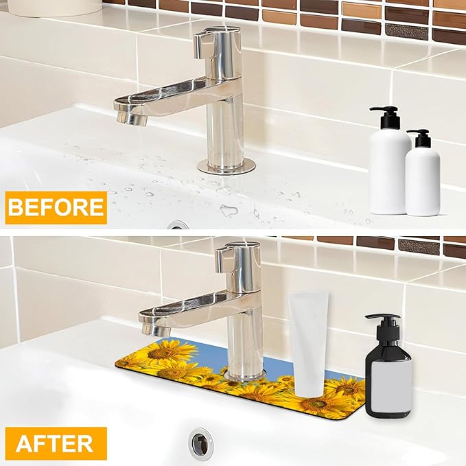 2 Pack Sunflower Field Sink Faucet Absorbing Mat Sunflowers Blooming Super Absorbent Fast Drying Mat Sink Gadgets Behind Faucet Sinkmat for Kitchen Bathroom, 15.5"x5.5"