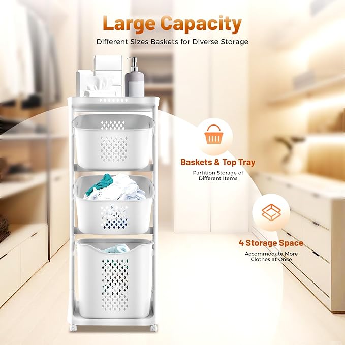 Laundry Basket, 3 Tier Sorter Clothes Storage Hampe Organizer Shelf Rolling Cart With 4 Wheels 55.12lbs Load White For Kitchens, Bathrooms, Bedrooms, Dormitories, Classrooms, Laundry Rooms