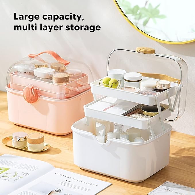 LOCADENCE 3 Layer Craft Organizer Storage Box, Transparent Sealed Dividing Storage Box, Portable Sewing Tackle Case Organizer with Handle for Home Office