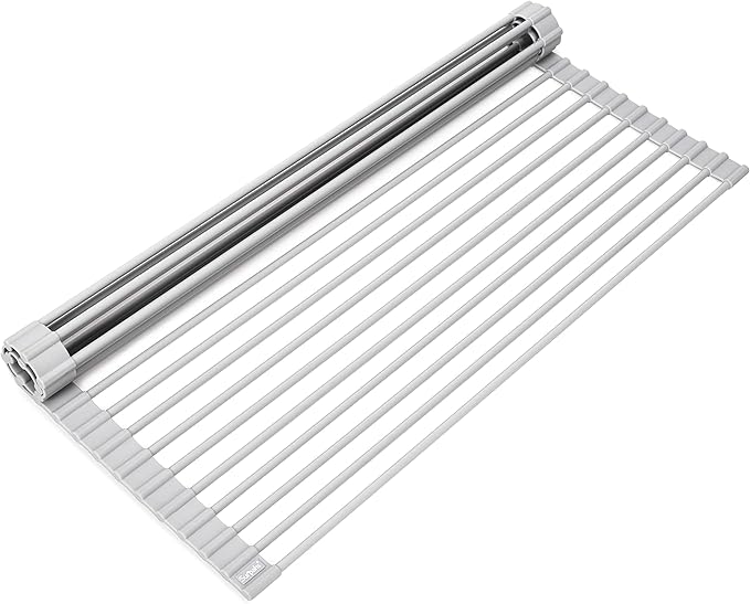Surpahs 20.5 x 15.5 Inch Roll-Up Dish Drying Rack, Fits Across Sink Openings up to 19.5 Inches, Heavy-Duty Premium Silicone, Strong Support, Non-Slip, Heat-Resistant, Warm Gray