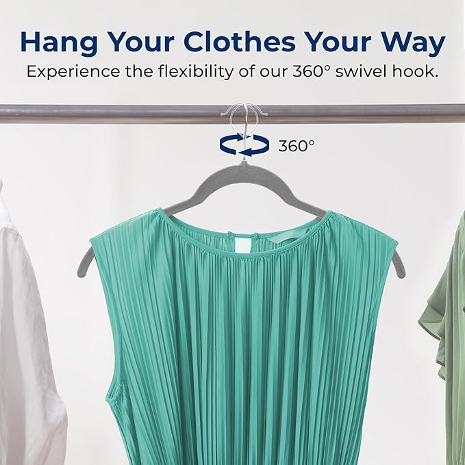 SereneLife 100 Pack Shirt Hangers, Heavy Duty Non-Slip Velvet Hangers with 360° Swivel Hooks, Slim Space-Saving Design for Tops, Jackets, Blouses, & Strappy Dresses (Gray)