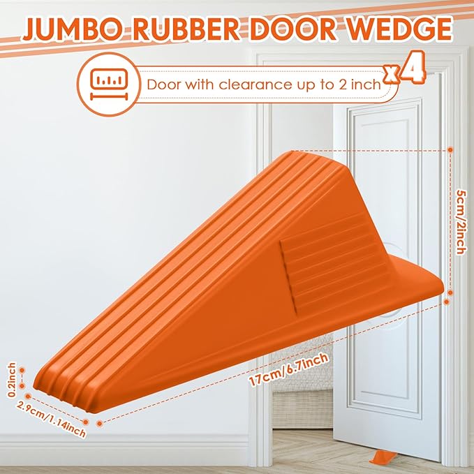 Frienda 4 Pcs Jumbo Door Stoppers Heavy Duty Door Stopper Tall up to 2inch Tall Wedge TPR Large Wedge Stackable Big Rubber Doorstop for Hotel Carpet Hardwood Concrete and Tile (Orange)