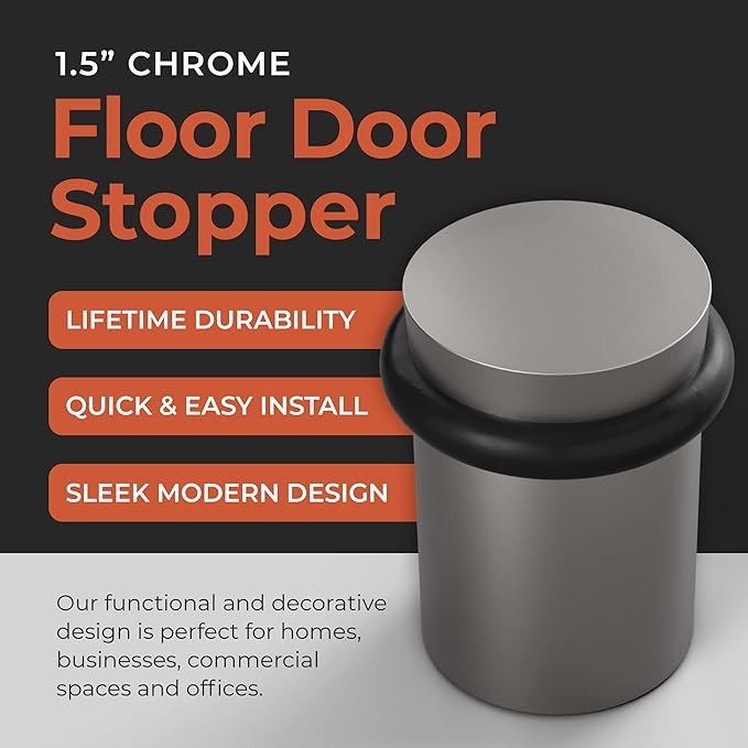NYCO - Floor Door Stopper Chrome Door Stop - Classy Solid Steel Modern Heavy Duty Door Stoppers - Floor Mount Anchor Screw - Wall Protector for Commercial Door (1.5 Inch Satin Chrome Finish)