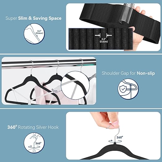 Premium Velvet Hangers 60 Pack, Non Slip Clothes Felt Hanger Heavy Duty for Coat, Premium Slim Space Saving Suit Hangers for Closet Organizer, 360° Rotating Silver Hook