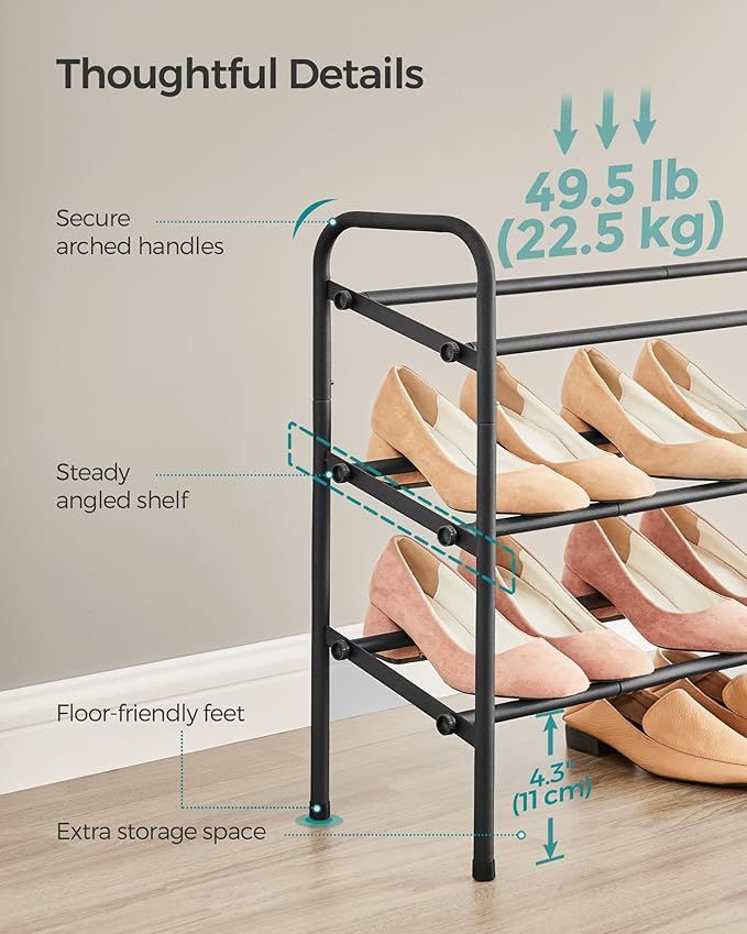 SONGMICS Expandable Shoe Rack, 3 Tier Shoe Rack Shelf, Adjustable Shoe Organizer Storage for 20 Pairs of Shoes, Metal Free Standing Shoe Racks for Closet, Front Door Entryway, Easy Assembly, Ink Black