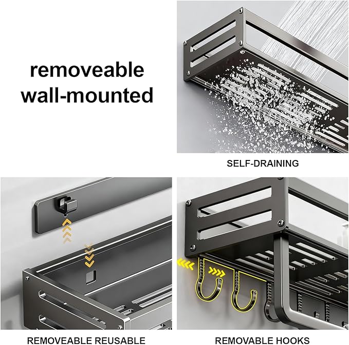 2-in-1 Mount Shower Shelf with Towel Rack & 5 Hooks - 15.8in Rustproof Waterproof Bathroom Organizer - No Drill Adhesive or Drill Mount