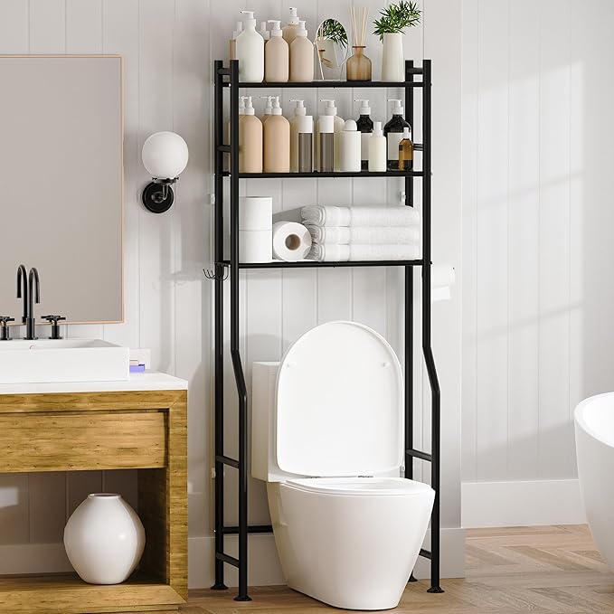 3-Tier Over The Toilet Storage, Space Saver Metal Bathroom Shelves, Freestanding Above Over Toilet Storage Shelf with 4 Hooks for Bathroom, Black