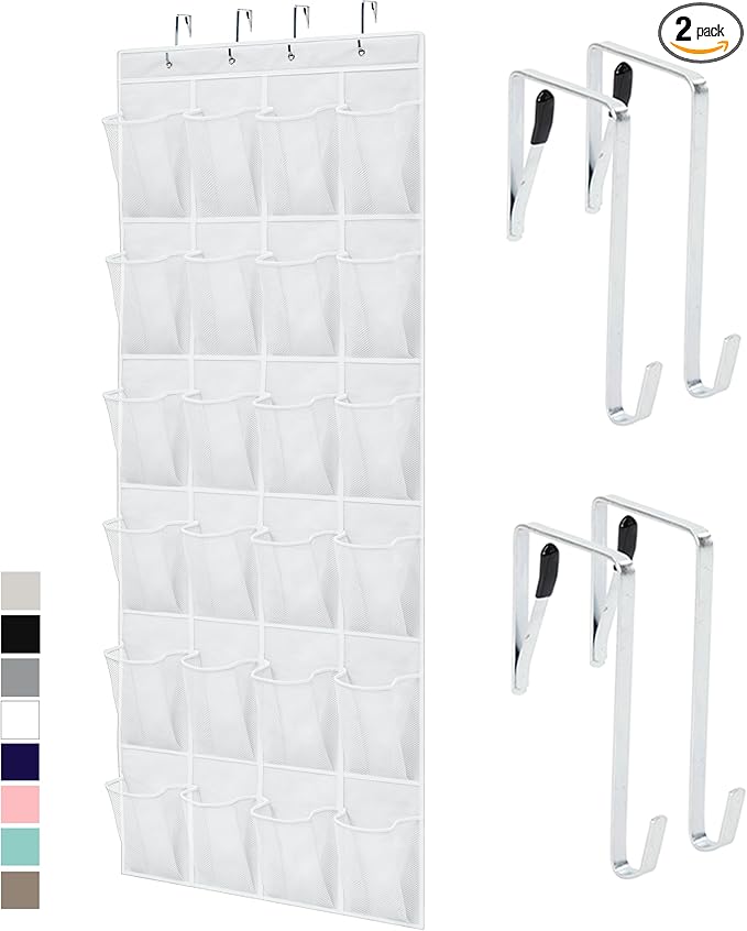 GORILLA GRIP Over the Door Shoe Organizer, 2 Pack, 24 Breathable Mesh Pockets, Space Saving Hanging Storage Holder, Closet Rack Hanger Holds Up to 40 lbs, Hangs on Closets, Shoes, Accessories, White