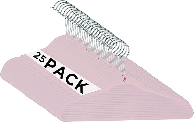 Simplify 25 Pack Kids Velvet Hangers | Slim | Non-Slip Design | Space Saving | Childrens Clothes | Shirts | Pants | Dresses | Baby Nursery | Closet Storage & Organization | Blush