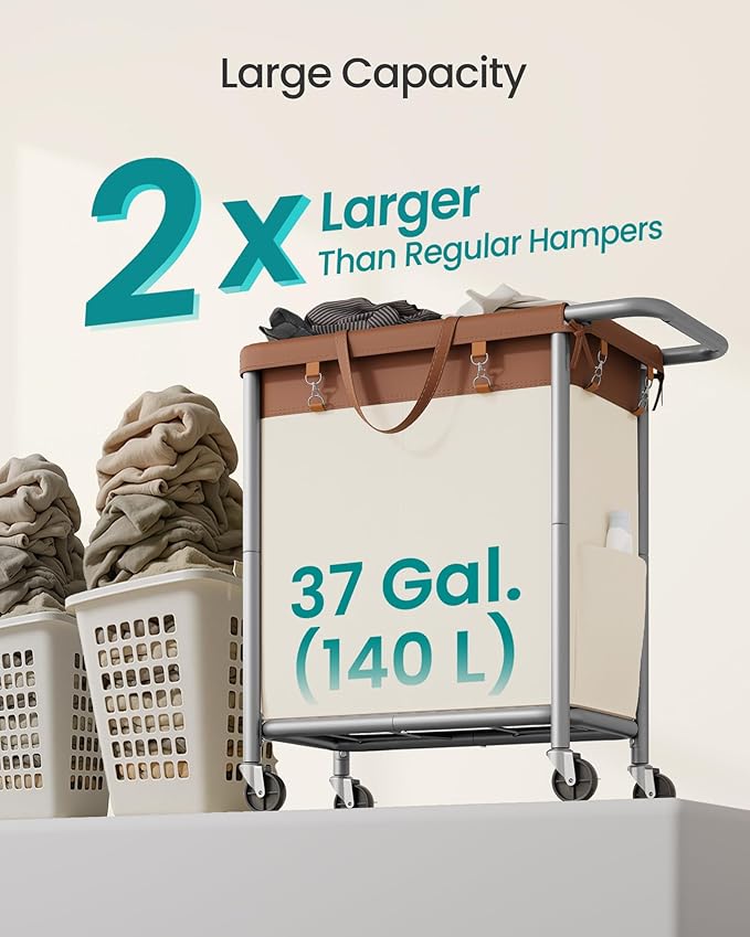 SONGMICS Laundry Basket with Wheels, 2-Section Rolling Laundry Hamper, 37 Gallons (140 L), Removable Liner, Steel Frame with Handle, 27.2 x 15.4 x 31.9 Inches, Coffee Brown and Cream White URLS004KQ02