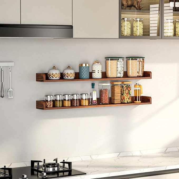 Fun Memories Stove Top Shelf, 30" Magnetic Shelf for Kitchen Stove, Pine Wood Stove Shelves, Wall Mounted Shelves for Home Storage Organization, Heat and Pressure Resistant, 1pcs, Dark Brown