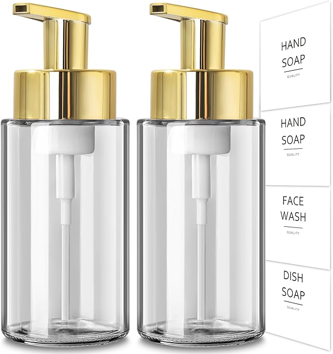 Foaming Soap Dispenser, 10 oz/300ml Gold Soap Dispenser, 2 Pack Glass Foaming Hand Dispenser for Bathroom & Kitchen, Clear Refillable Foam Bottle with Waterproof Labels