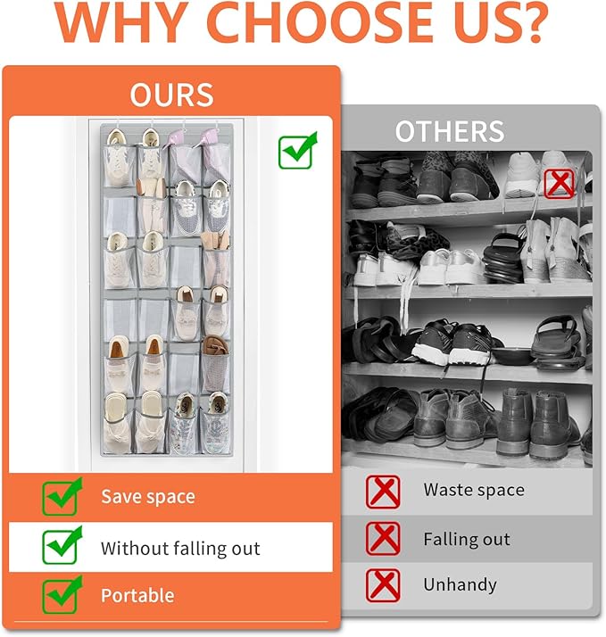 FENTEC 40 Large Pockets Over The Door Shoe Organizer, Mesh Hanging Shoe Organizer Shoe Rack for Closet Mesh Closet Shoe Holder, Over Door Organizer, Shoe Organizer for Wall, Grey, 1 Pack