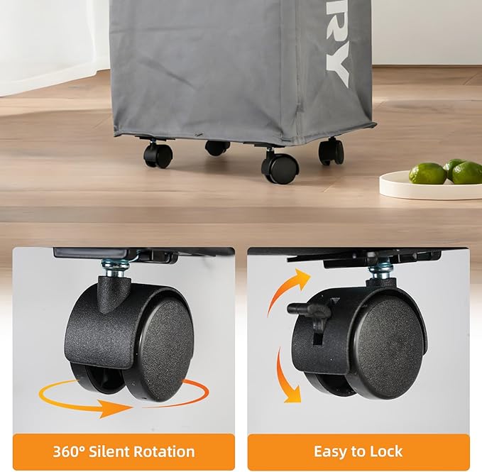 90L Laundry Basket with Wheels,Laundry Hamper with Removable Wash Bag, Rolling Clothes Hamper, Foldable Dirty Clothes Basket on wheels for Bedroom, Dorm, Laundry Room, Grey