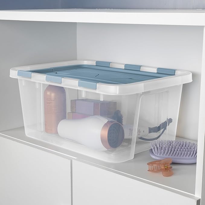 Sterilite 24 Pack Hinged Lid Storage Box, 20 Qt Plastic Container, Washed Blue - Home Organizer Tote for Storing Shoes, Crafts, Clothing, or Decor