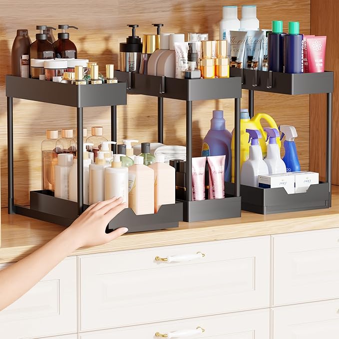Simple Trending Under Sink Organizer 3 Pack, Sink Pull-Out Sliding Storage Cabinet, 2-Tier Under Shelf Organizer for Kitchen Bathroom, Black