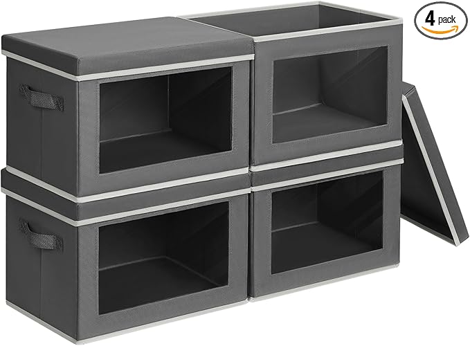 Stackable Storage Bins with Lids - Medium Storage Box with Lids, Foldable Closet Boxes for Organizing, Wardrobe Clothes Organizer with Window, Cubes Bins for Living Room, 4 Pack, Dark Grey