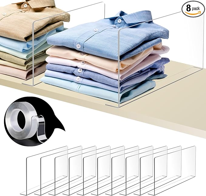 Uzpomel Acrylic Shelf Dividers For Closet Organization，Sweater Organizer For Closet -8pack 8” Tall Clear Plastic Shelf Dividers For Closets Shelves Cabinets