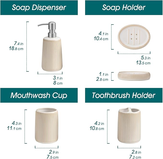 vancasso Ceramic Bathroom Accessories Set 4 Piece, Soap Dispenser with Stainless Steel Pump, Toothbrush Holder, Tumbler and Soap Dish, Modern Relief Design, Bathroom Decor Organizer, Beige-White