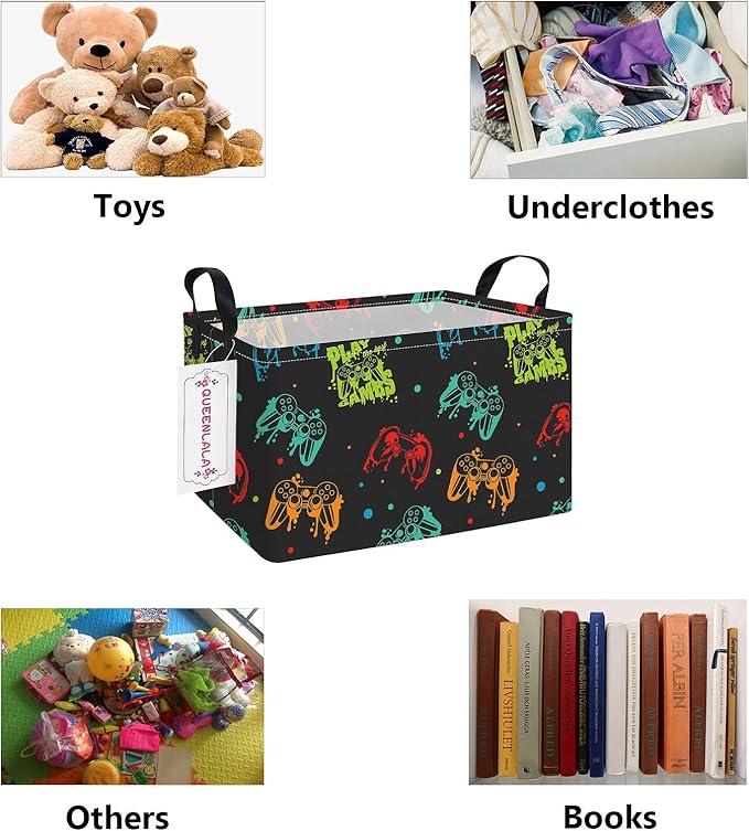 QUEENLALA Rectangular Laundry Hamper/Foldable Nursery Laundry Basket for Organizing/Storage Bin Baskets/Children Toy Office Bedroom/Toy Bin Closet Shelf Baskets (Rec-Black Game)