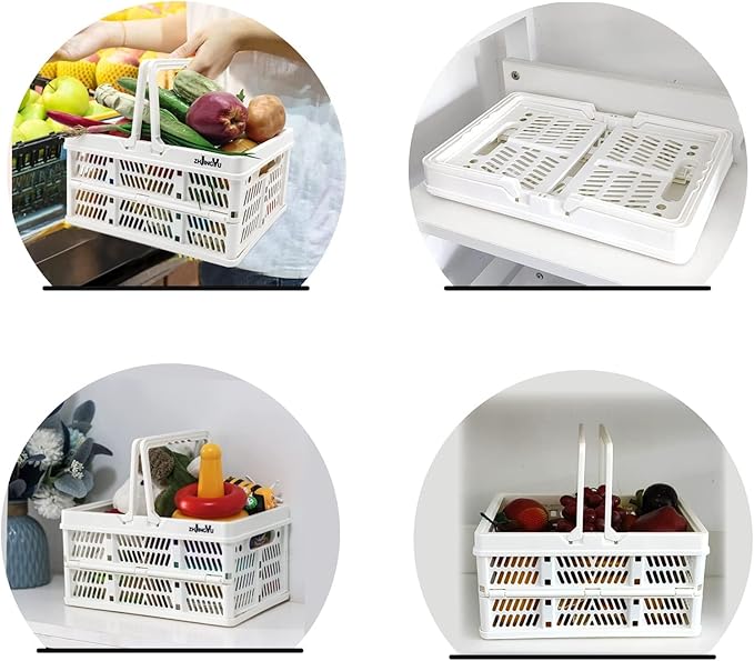 crates for storage,plastic baskets for organizing,collapsible shopping basket,foldable crate with Handles,collapsible storage crate,car basket,for Kitchen,Bathroom,Medicine (White, S)