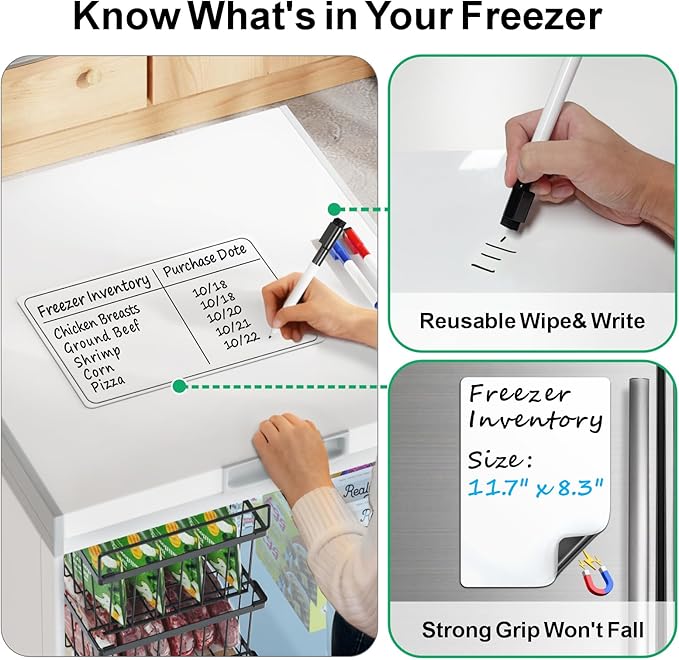 iSPECLE Freezer Organizer Bins - For 5 Cu.Ft Deep Freezer with 4 Pack Chest Freezer Organizer and Inventory List Board Track Food, Stackable to Maximize Vertical Space, Easy Access without Digging