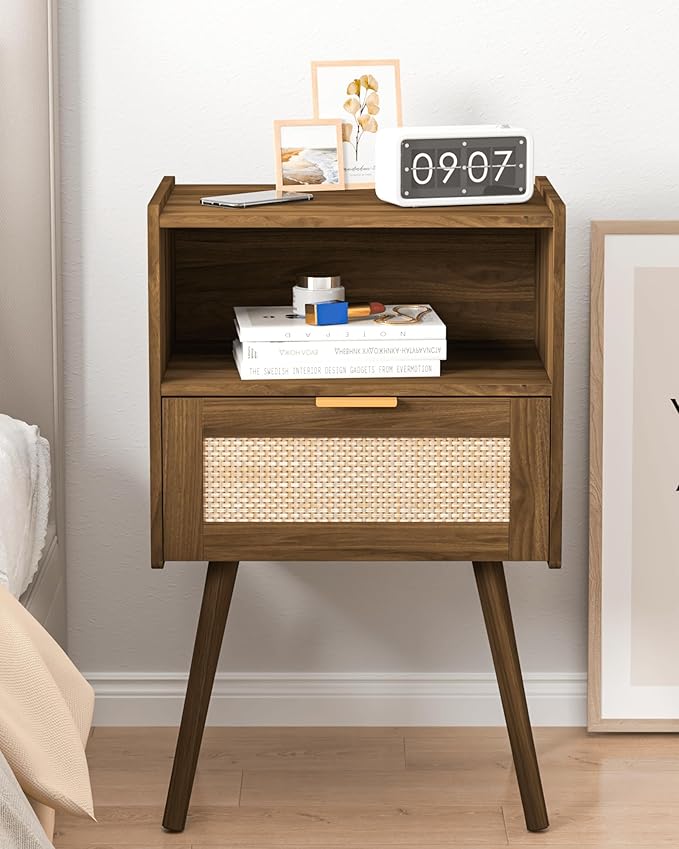 Veegle Rattan Nightstand,Modern Bedside Table with Storage Drawer and Open Wood Shelf, for Living Room, Bedroom and Small Spaces, Accent Night Stand with Solid Wood Legs, Easy Assembly,Walnut Brown