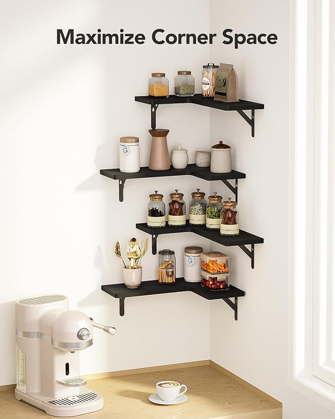 AMADA HOMEFURNISHING Corner Floating Shelves, Set of 4 Corner Wall Shelves, Shelves for Wall Decor, Corner Wood Shelves for Home Decor, Office, Bedroom, Bathroom, Laundry Room, Kitchen, Black