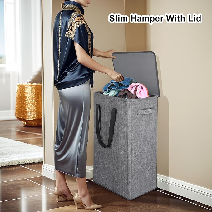 Odonata 75L Slim Laundry Hamper with Lid,Large Foldable Laundry Basket with Removable Bag and Handles Tall Collapsible Dirty Clothes Basket Great for Bedroom, Bathroom, Dorm, College,RV. (Grey, 75L)