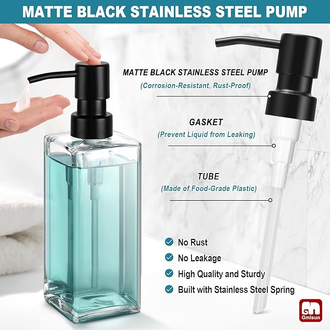 GMISUN Glass Soap Dispenser with Stainless Steel Pump, Clear Hand Soap Dispenser for Bathroom, 12 fl oz/350ml Refillable Dish Dispenser for Kitchen, Modern Liquid Soap and Lotion Bottle for Countertop