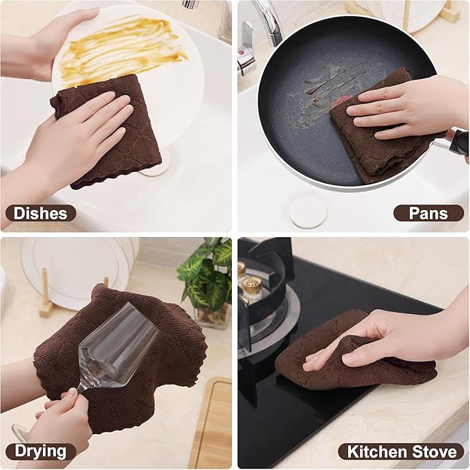 Homaxy 12 Pack Kitchen Dish Cloths, Super Soft and Absorbent Coral Velvet Dish Towels, Nonstick Oil Fast Drying Microfiber Cleaning Cloth, 10 x 10 inches, Navy Blue/Dark Grey/Brown/Grass Green