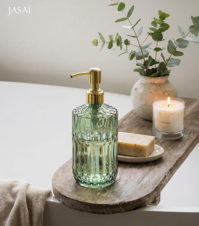 JASAI 2Pack 18Oz Green Glass Soap Dispenser with Gold Rust Proof Pump, Refillable Dish Soap Dispenser for Kitchen, Bathroom Soap Dispenser for Hand soap, Lotion, Body Wash, Dish Soap.