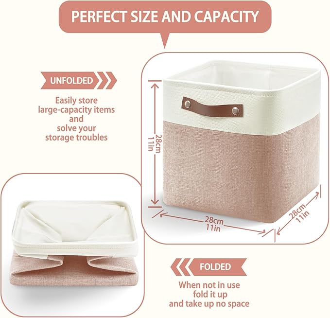 4-Pack Foldable Fabric Storage Cubes 11x11 Inch, Sturdy Cube Organizer Bins with Leather Handles, Storage Baskets for Closet Shelves and Home Organization(White/Pink)