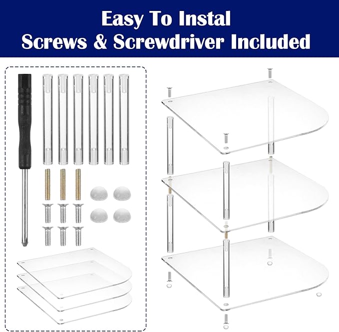 1 Pc Plate Organizer for Cabinet Space Saver - Clear Acrylic Corner Shelf for Dishes, Bowls - 3-Tier Kitchen Cabinet Plate Organization, Dinner Plates Holder, and Small Shelf for Bathroom Storage