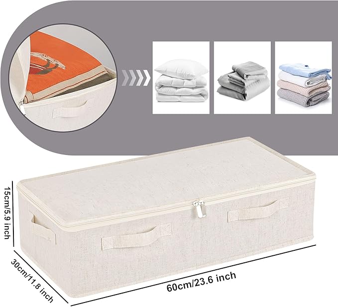 Underbed Storage Box Organizer, Foldable Under Bed Clothes Bags Container, Flat Bins with Lid for Organizing Clothes, Sheets, Blankets, Comforter, 23.6x11.8x5.9in, Beige, 3 Pack