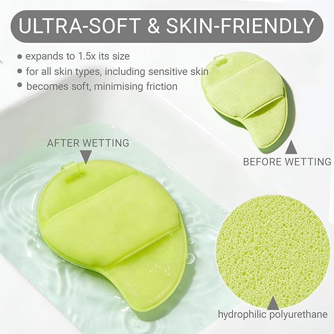Facial Cleansing Sponge Set 3, Reusable Face Scrubbers for Gentle Cleansing & Dead Skin Removal, Cleaning Puff Wash Pads Mango Shaped for Daily Face Wash(Pink & Green)